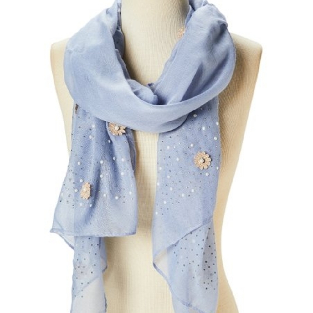 ITALMODE Blue & Gold Floral Pearl Accent Scarf